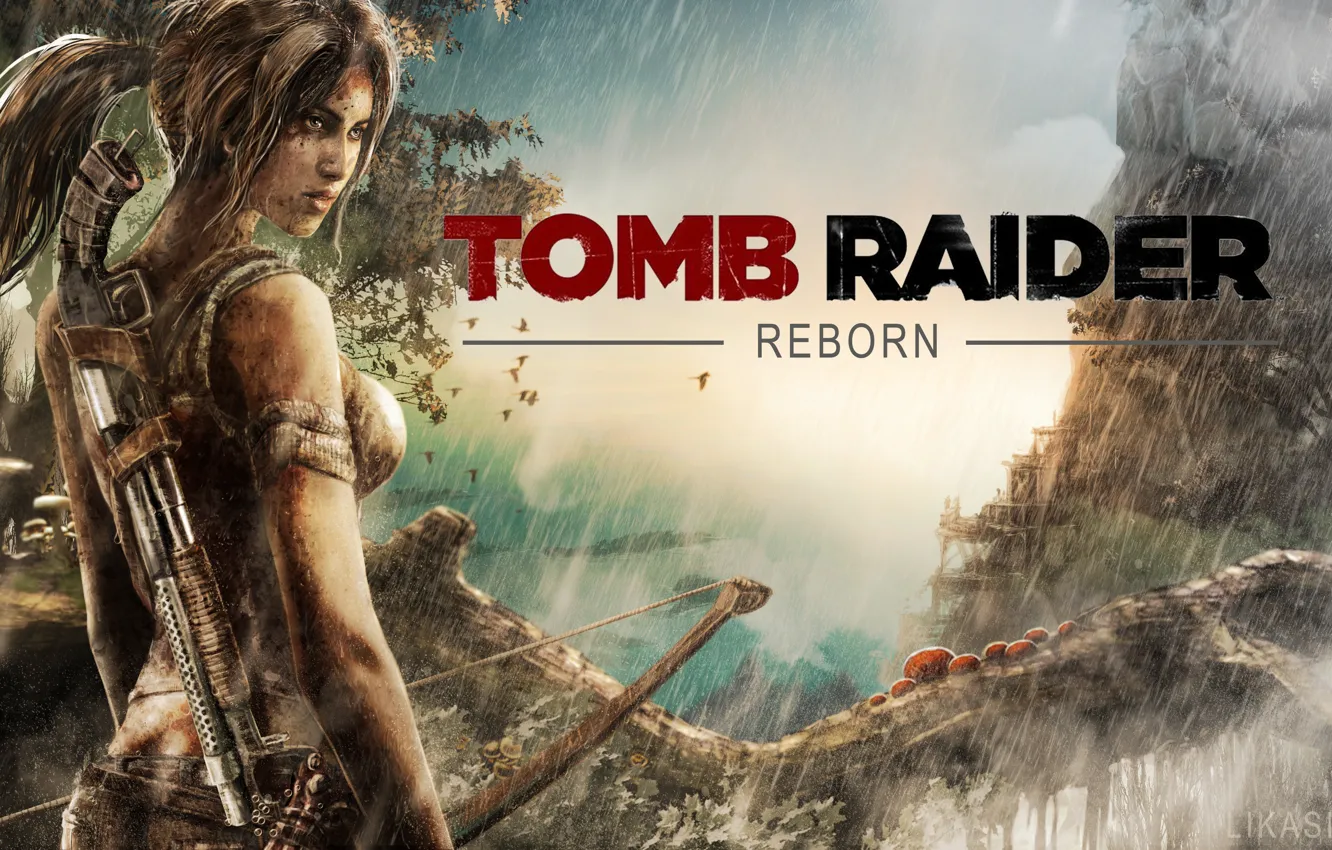 Фото обои девушка, оружие, дождь, лук, Tomb Raider, дробовик