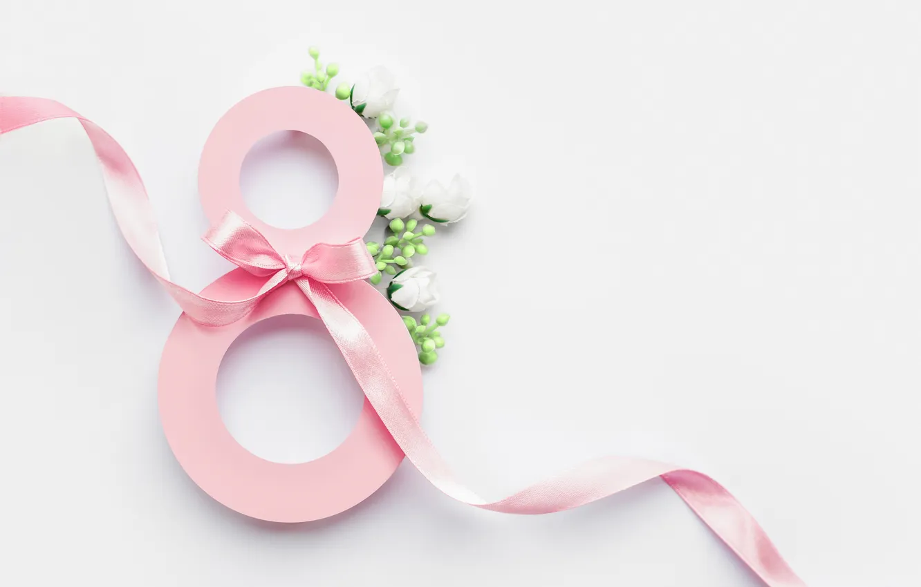 Фото обои цветы, розы, цифра, лента, happy, 8 марта, pink, flowers