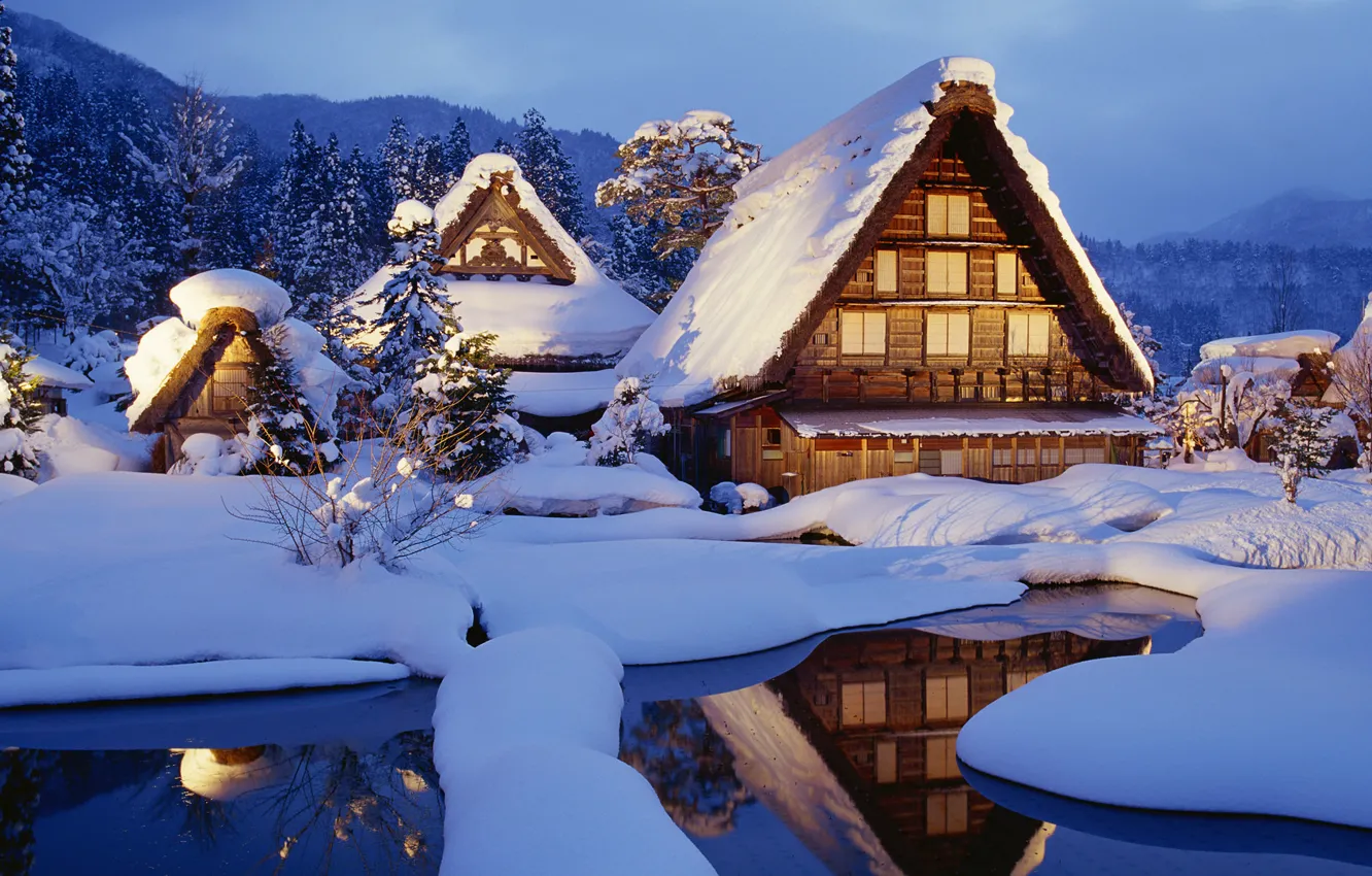 Фото обои зима, снег, Япония, домики, japan