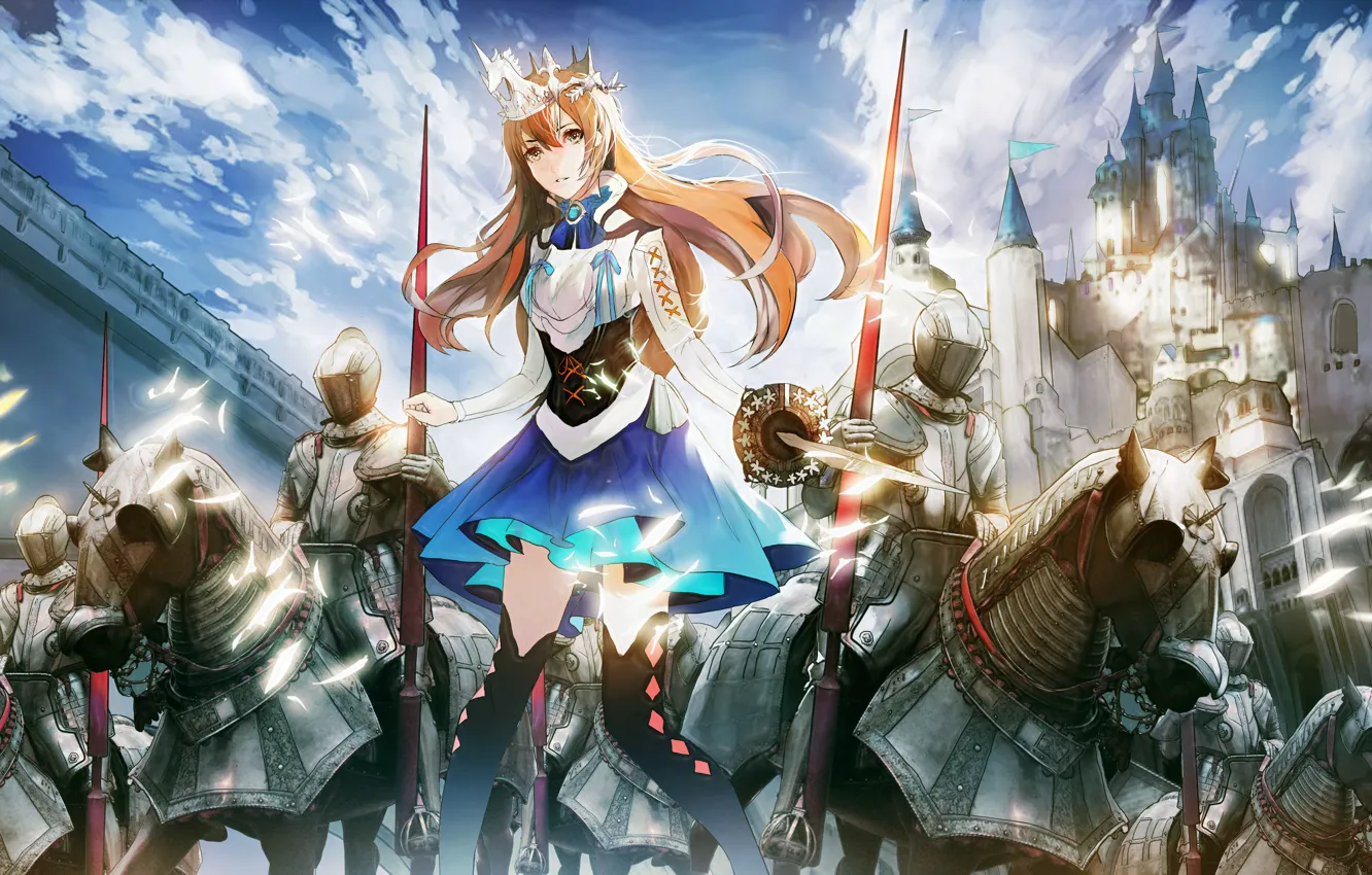 Фото обои небо, девушка, облака, оружие, замок, меч, доспехи, аниме