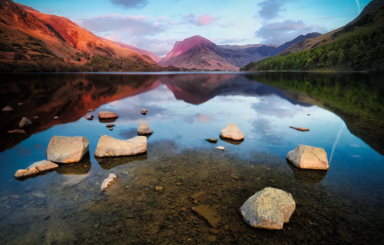Фото обои rock, sky, landscape, England, Lake, montain, Buttermere Lake, Buttermere