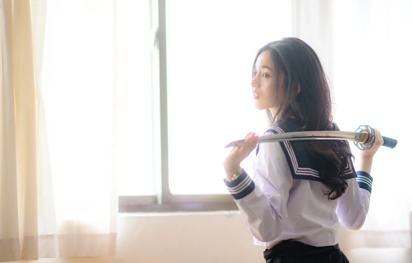 Фото обои девушка, лицо, меч, катана, форма, восточная