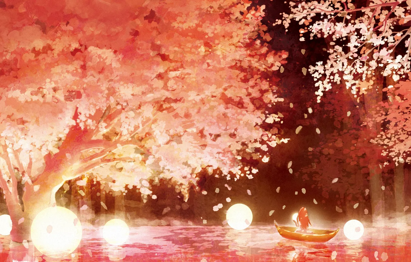 Фото обои девушка, ночь, природа, лодка, весна, сакура, светящийся шар