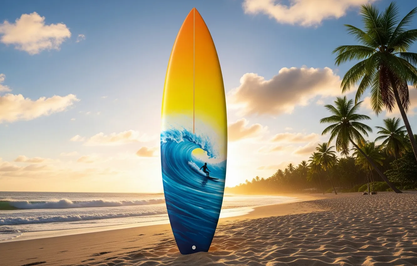 Фото обои пляж, закат, океан, обои, арт, wallpaper, доска, beach