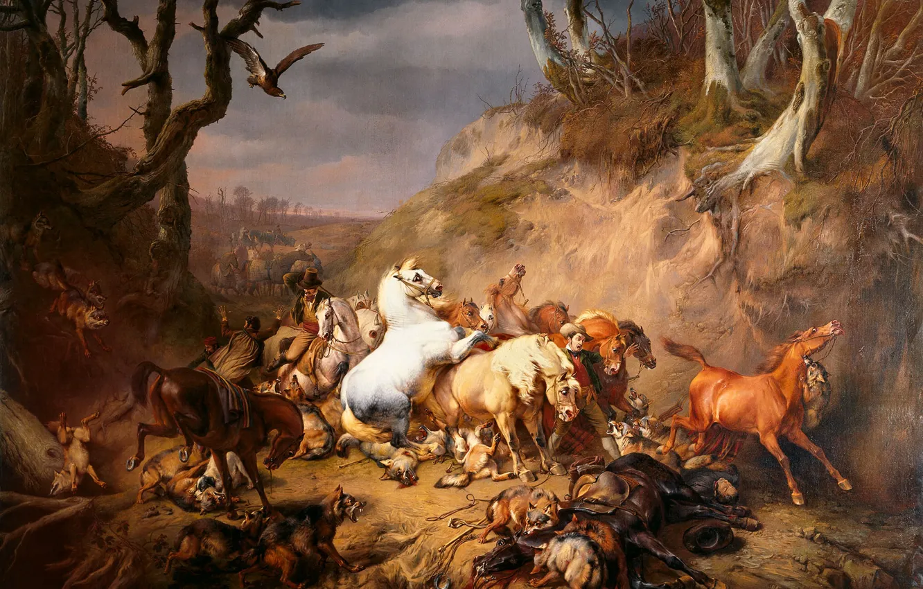 Фото обои масло, картина, холст, 1836, Нападение Голодных Волков на Группу Всадников, Eugene Joseph Verboeckhoven, Эжен Жозеф …