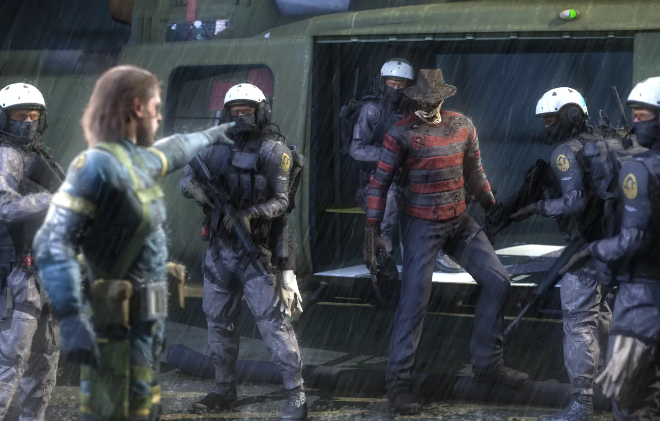 Фото обои дождь, вертолет, Snake, crossover, Metal Gear Solid, Jack, Naked Snake, mgs