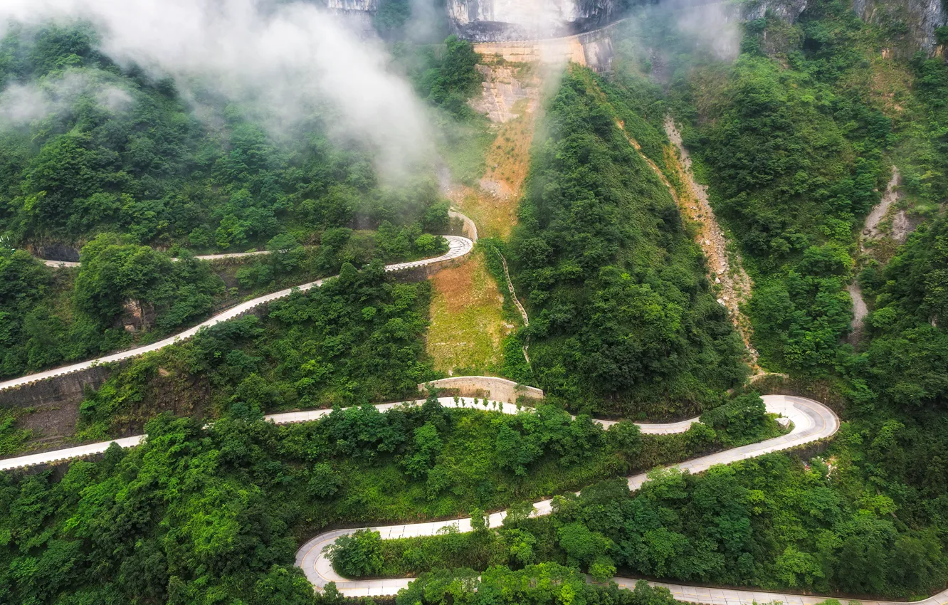 Фото обои дорога, зелень, лес, деревья, горы, туман, Китай, серпантин