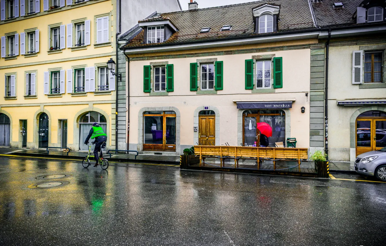 Фото обои дождь, улица, здания, дома, Швейцария, rain, Switzerland, street