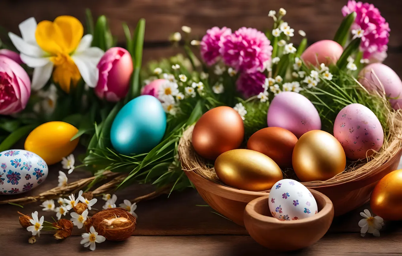 Фото обои цветы, яйца, весна, colorful, Пасха, happy, flowers, spring