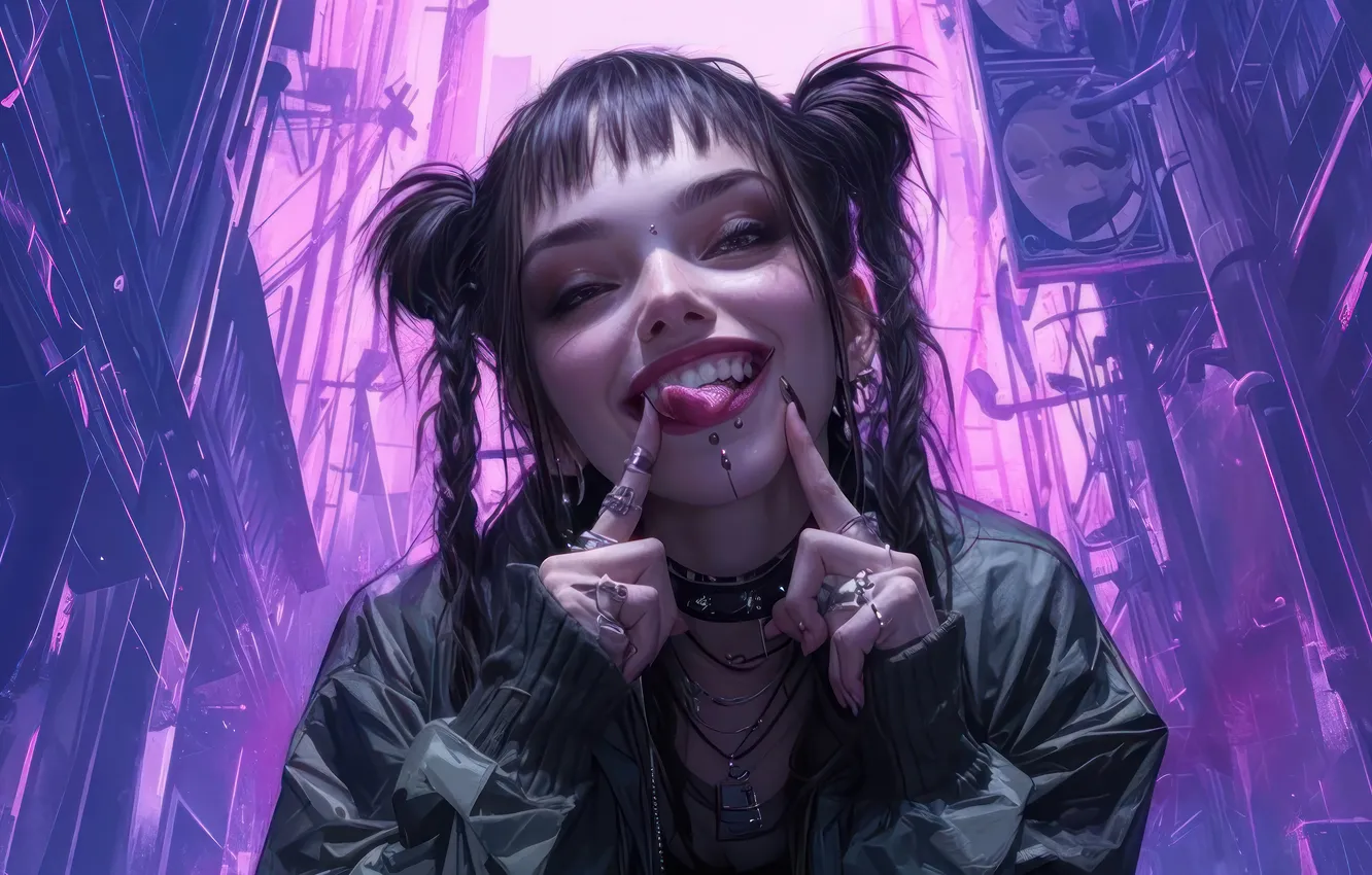 Фото обои Girl, Cyberpunk, Anime Girl, AI Generated, Tongue Out