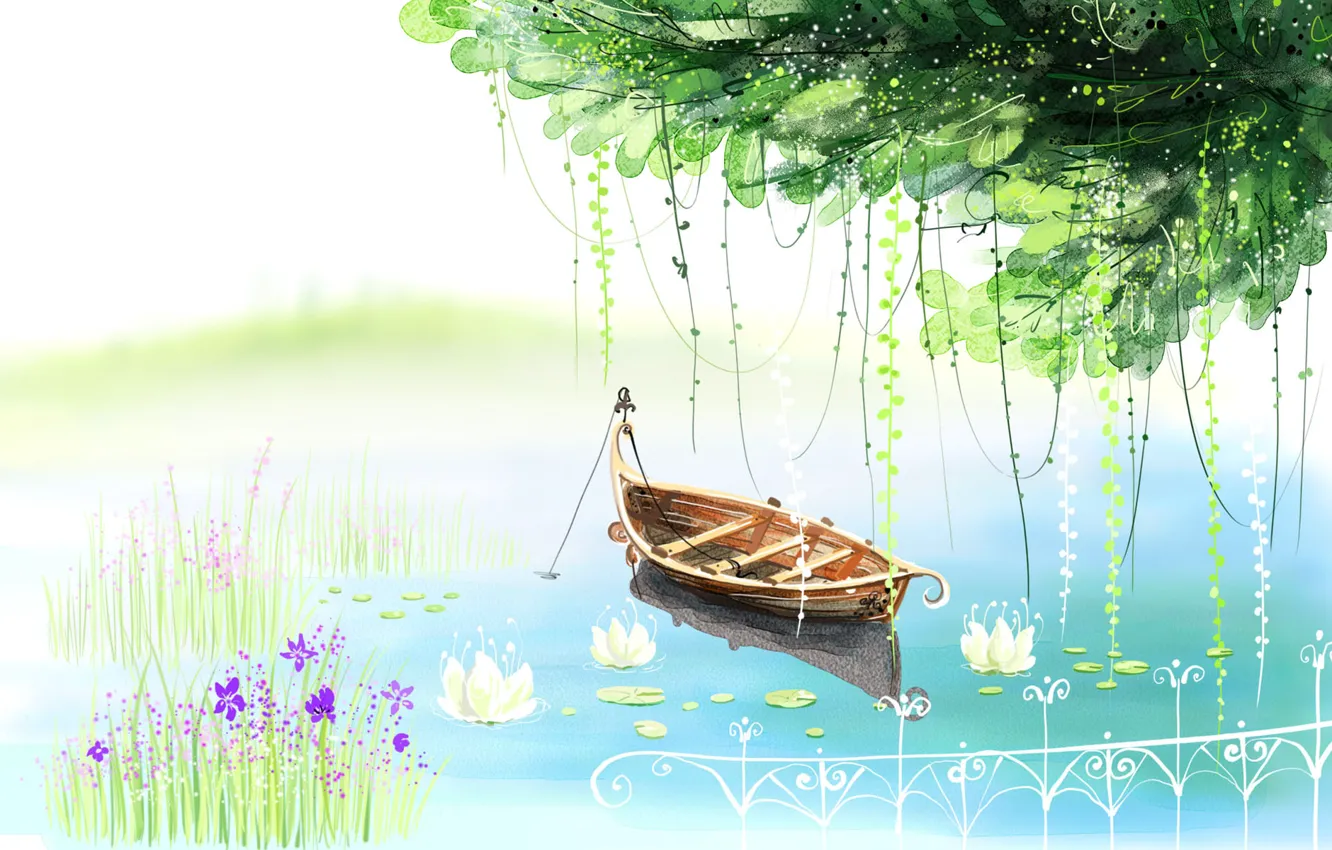 Фото обои цветы, озеро, дерево, лодка, рисунок, забор, кувшинки
