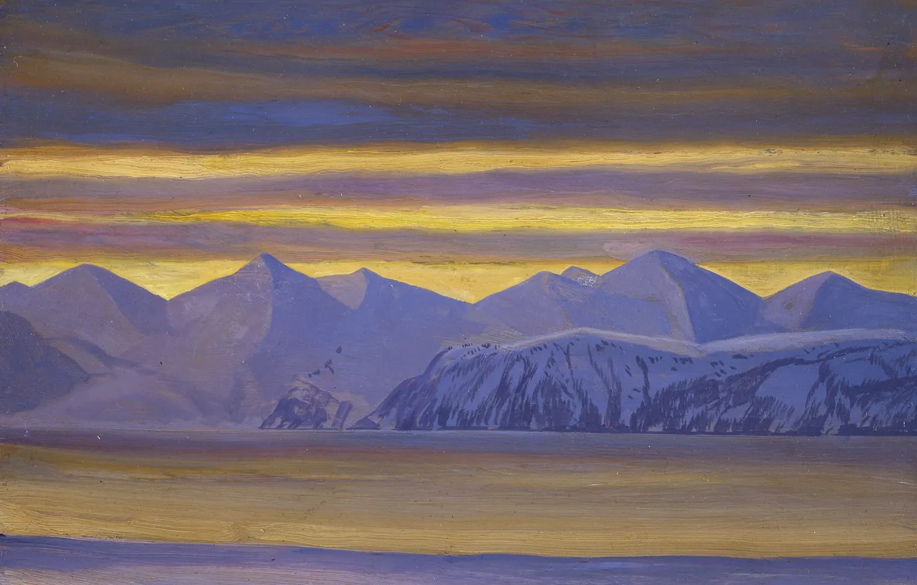 Фото обои пейзаж, горы, природа, картина, Rockwell Kent, Рокуэлл Кент, Залив Ресеррекшен. Аляска