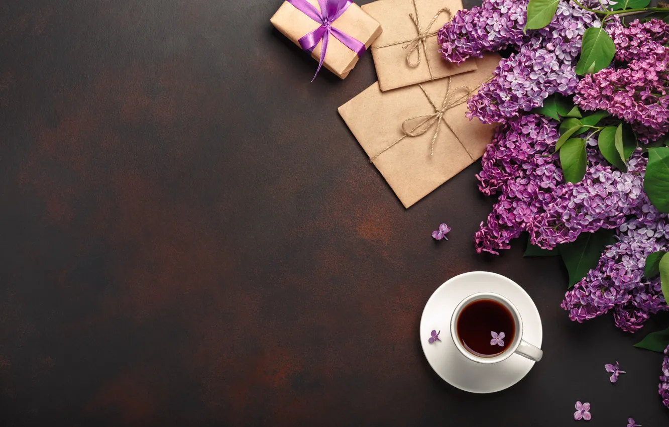 Фото обои цветы, подарок, wood, flowers, сирень, coffee cup, lilac, frame