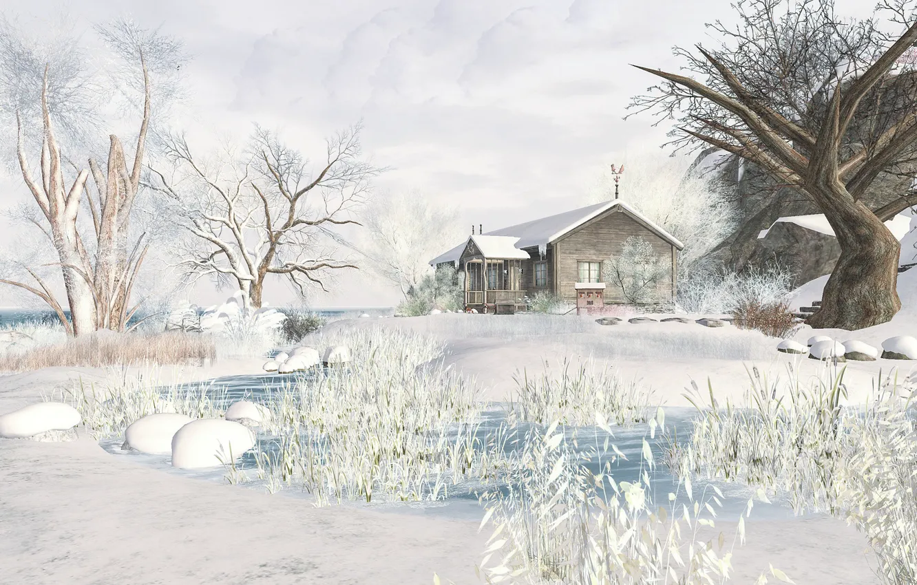Фото обои зима, снег, деревья, пейзаж, дом