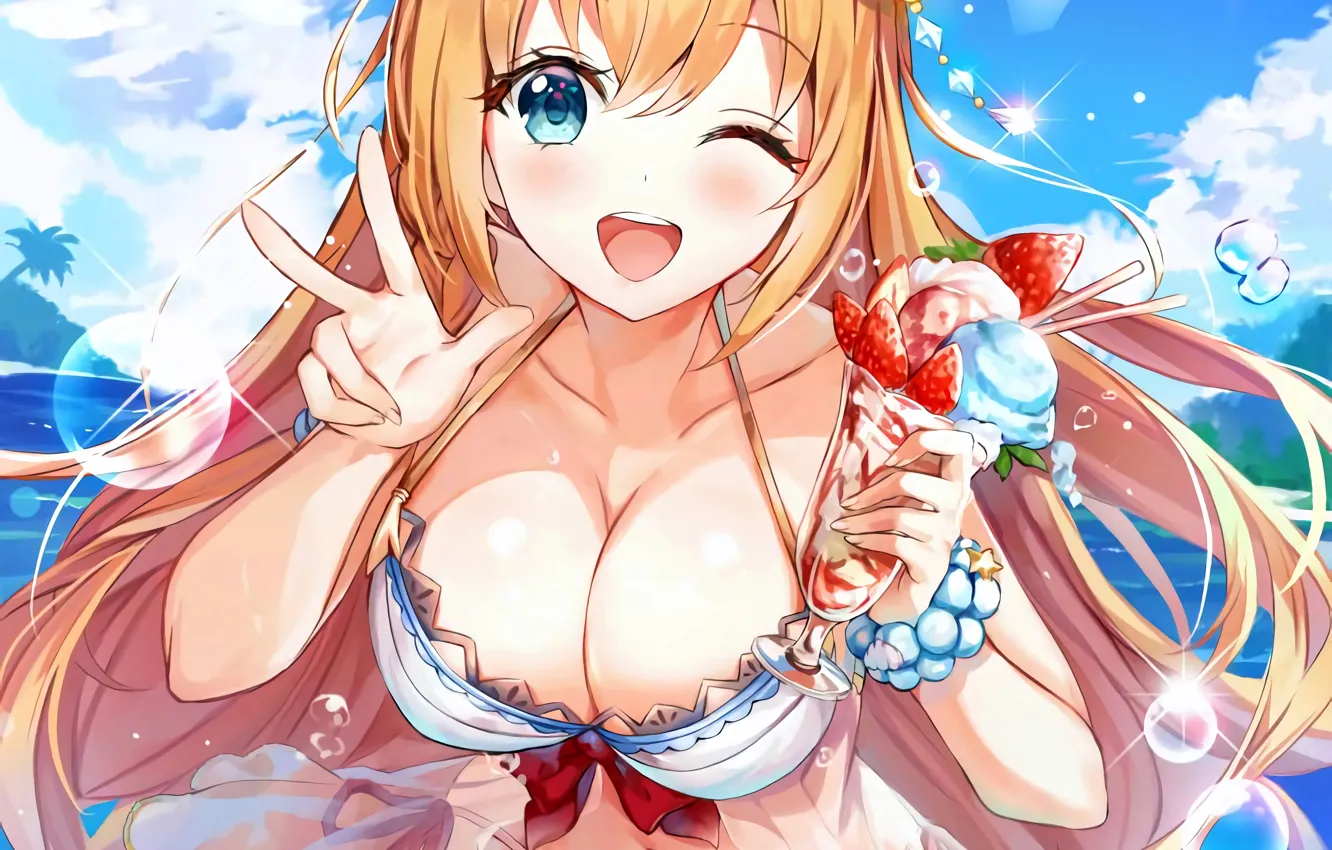 Фото обои girl, sexy, cleavage, long hair, sea, boobs, anime, beautiful