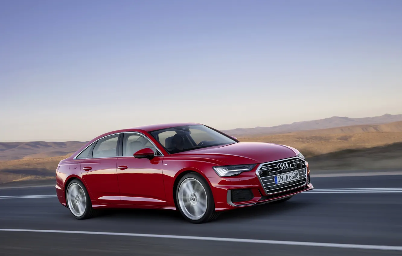 Фото обои красный, Audi, холмы, седан, 2018, четырёхдверный, A6 Sedan