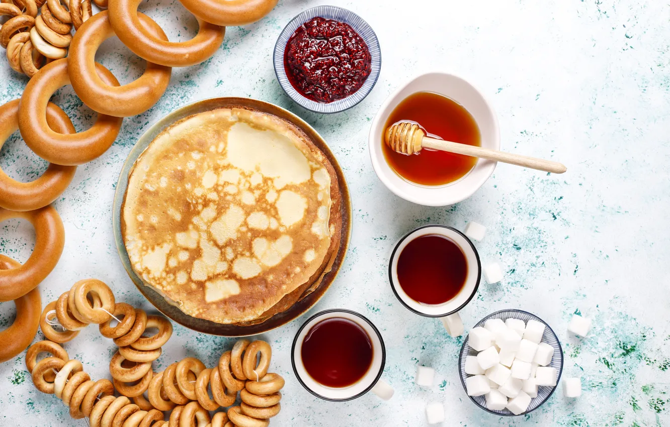 Фото обои чай, мед, тарелка, чаепитие, чашка, сахар, бублики, миска