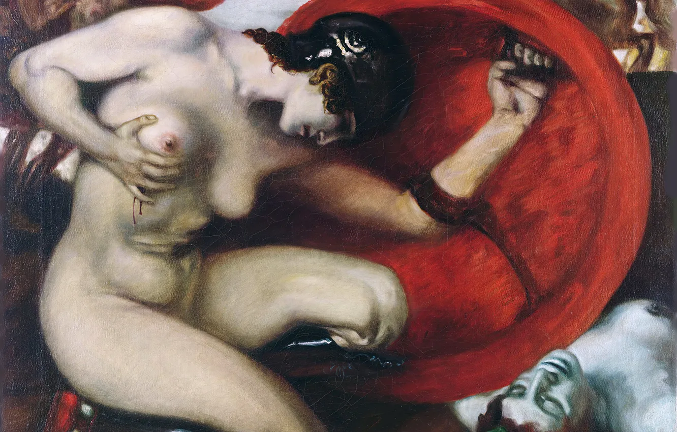 Фото обои Кровь, Картина, Битва, Щит, Обнажена, Амазонка, Франц фон Штук, Franz von Stuck