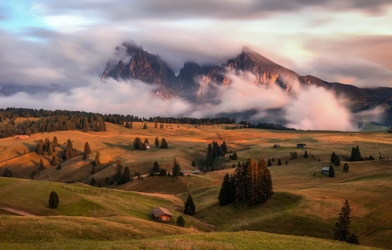 Фото обои осень, облака, горы, туман, долина, Альпы, домики, утор