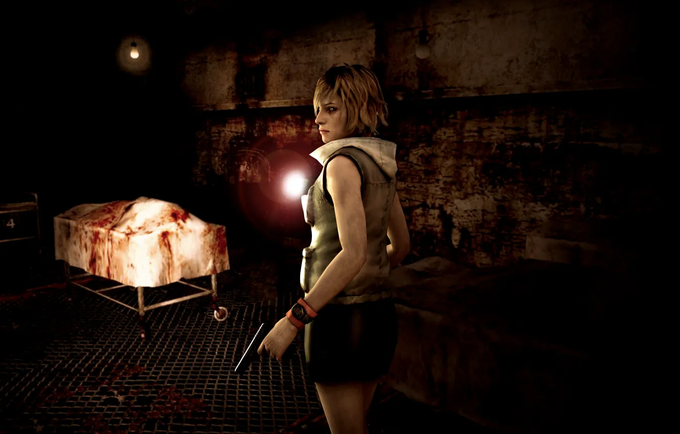 Фото обои темнота, пистолет, мрак, фонарь, fan art, Heather Mason, Konami, survival horror