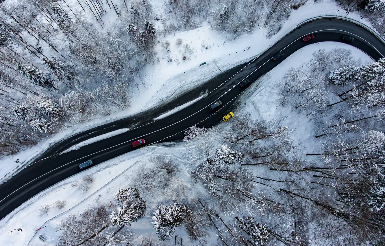 Фото обои зима, дорога, лес, машины