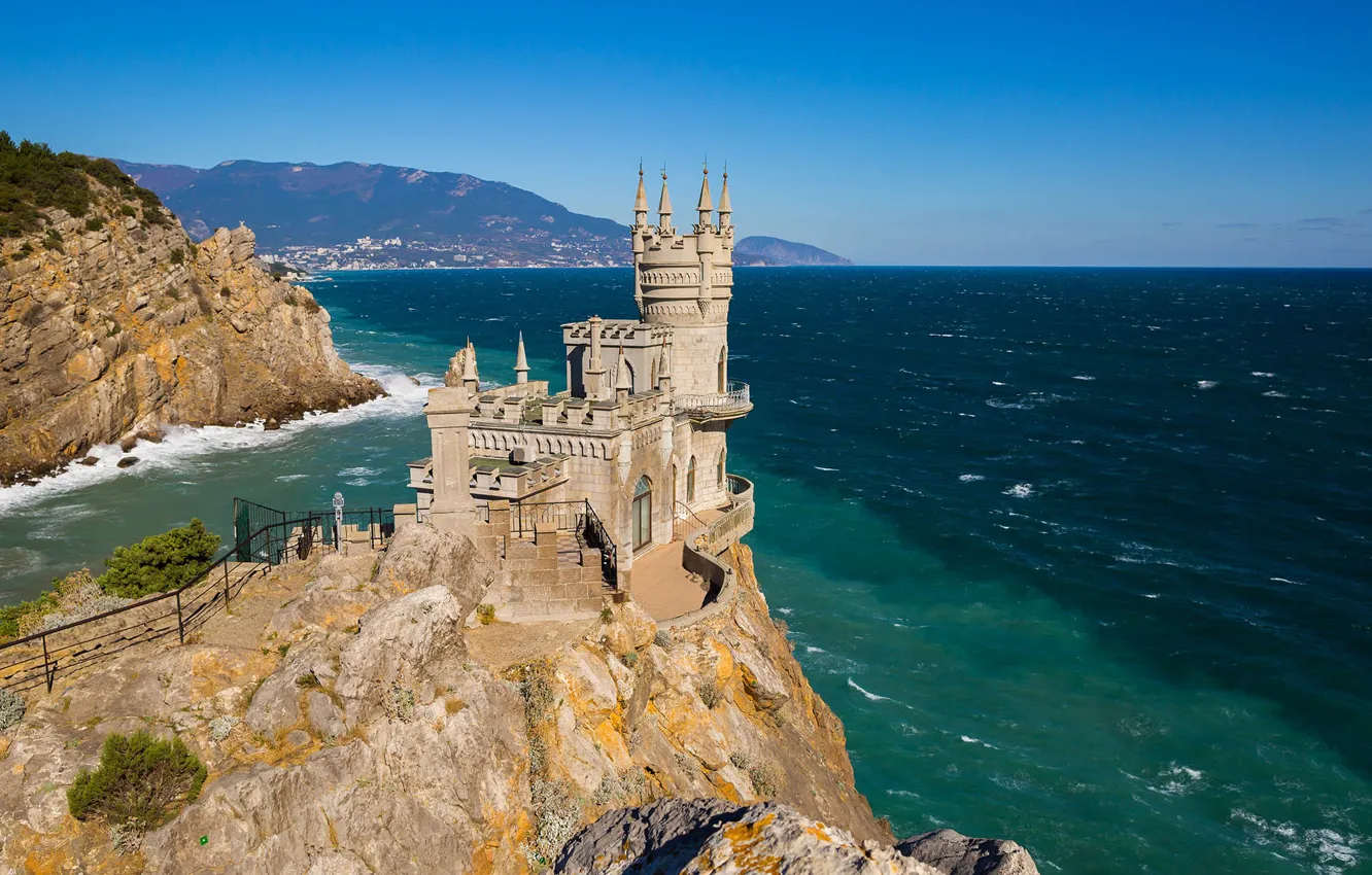 Фото обои море, пейзаж, горы, природа, замок, скалы, Крым, Ласточкино гнездо