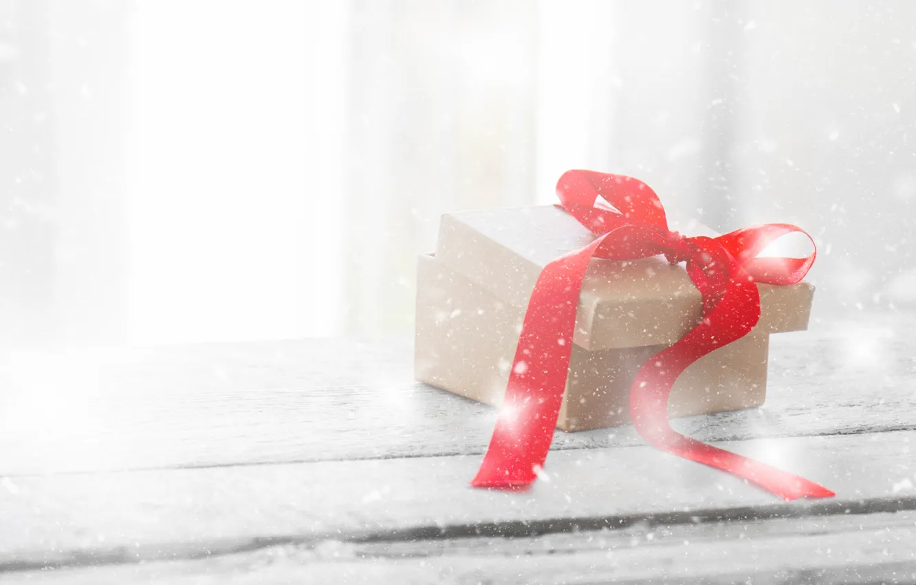 Фото обои снег, фон, подарок, лента, красная, wood, Xmas, Box