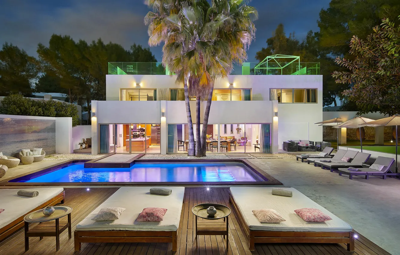 Фото обои пальмы, вилла, вечер, бассейн, освещение, архитектура, Ibiza, Spsin