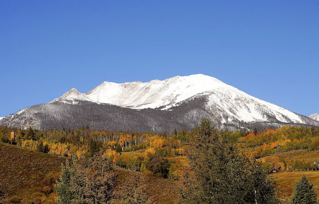 Фото обои осень, небо, снег, деревья, холмы, гора