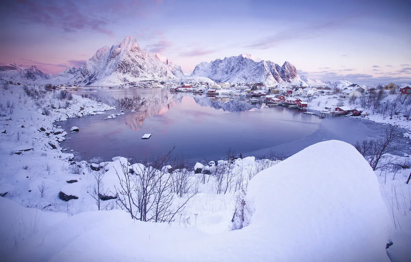 Фото обои зима, снег, горы, город, село, дома, поселок