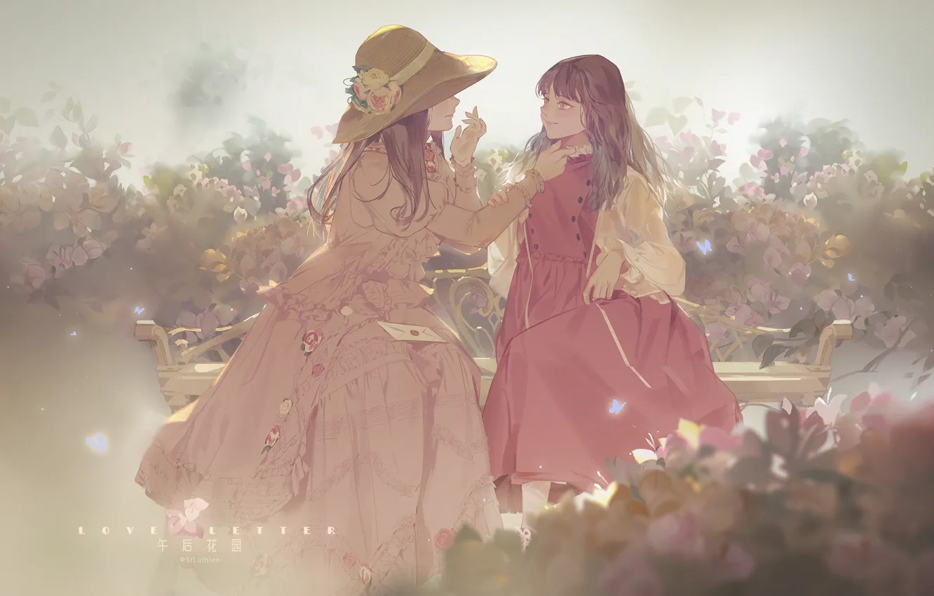 Фото обои письмо, шляпка, красное платье, подружки, в саду, на скамейке, две девочки, розовые кусты