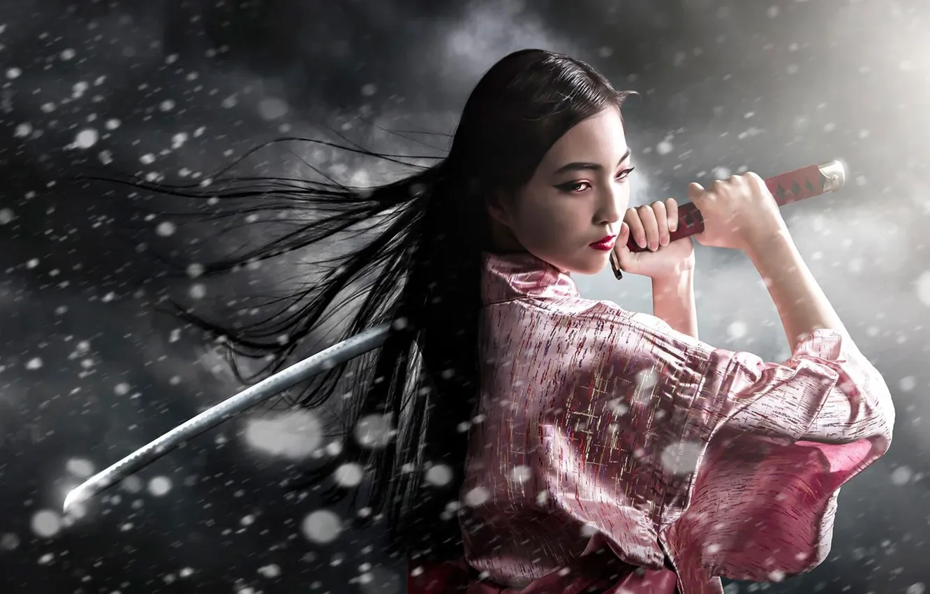 Фото обои girl, sword, art, asian, japanese, kimono