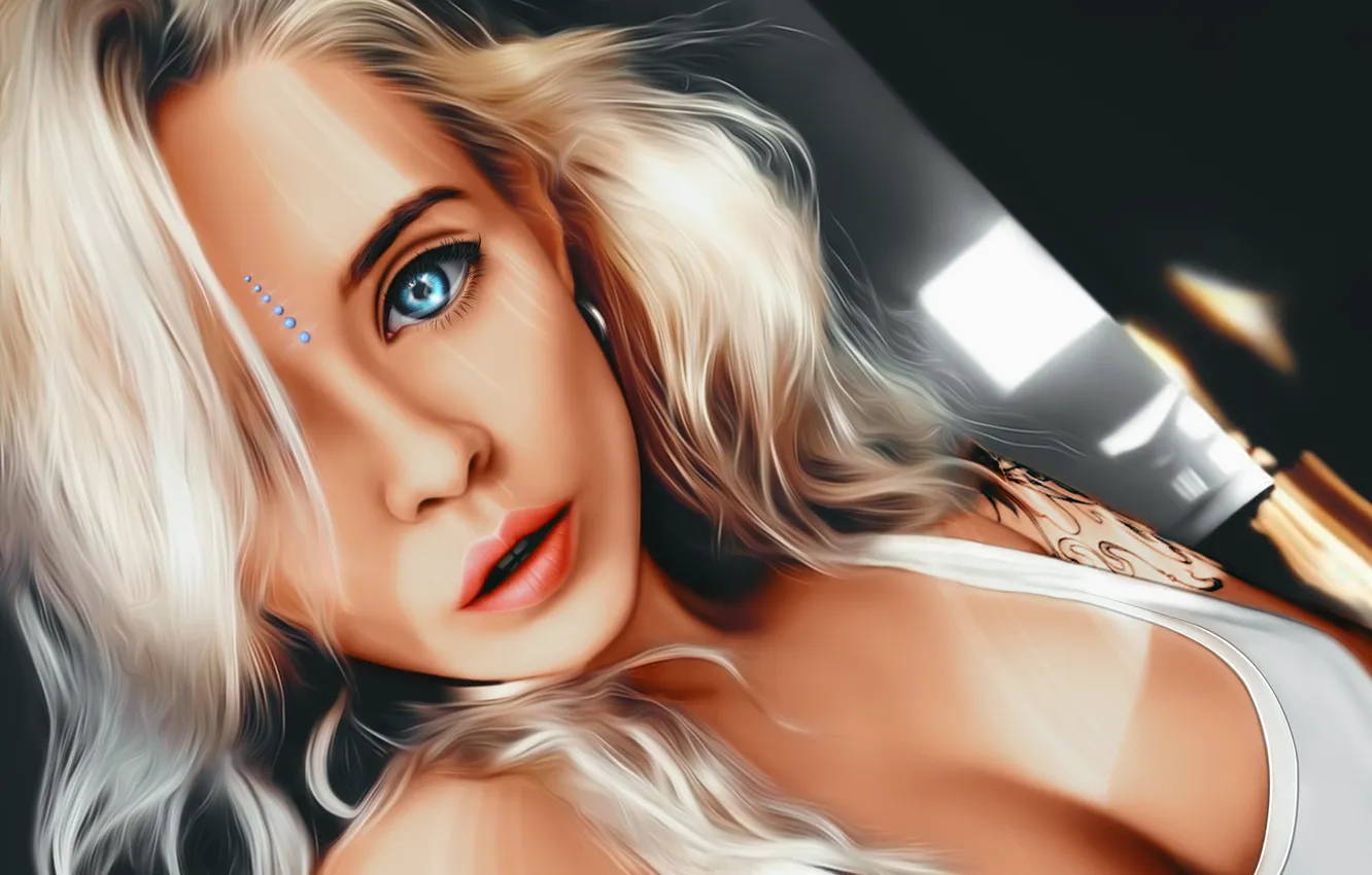 Фото обои Girl, cleavage, art, blue eyes, tattoo, lips, face, painting