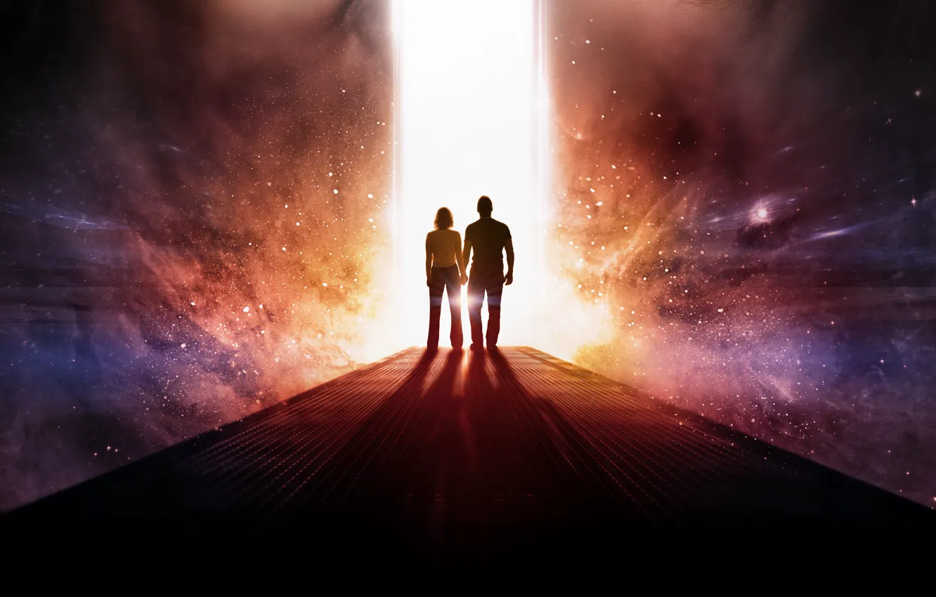 Фото обои космос, звезды, свет, фантастика, Пассажиры, двое, силуэты, постер