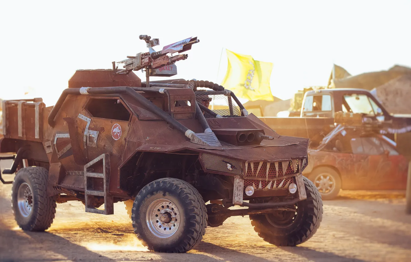 Фото обои пустыня, пулемет, автомобиль, Post-Apocalyptic