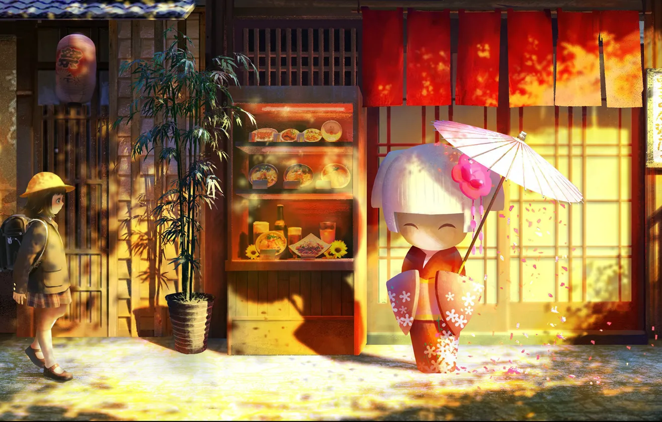 Фото обои кукла, зонт, бамбук, лепестки, Япония, школьница, тротуар, панама