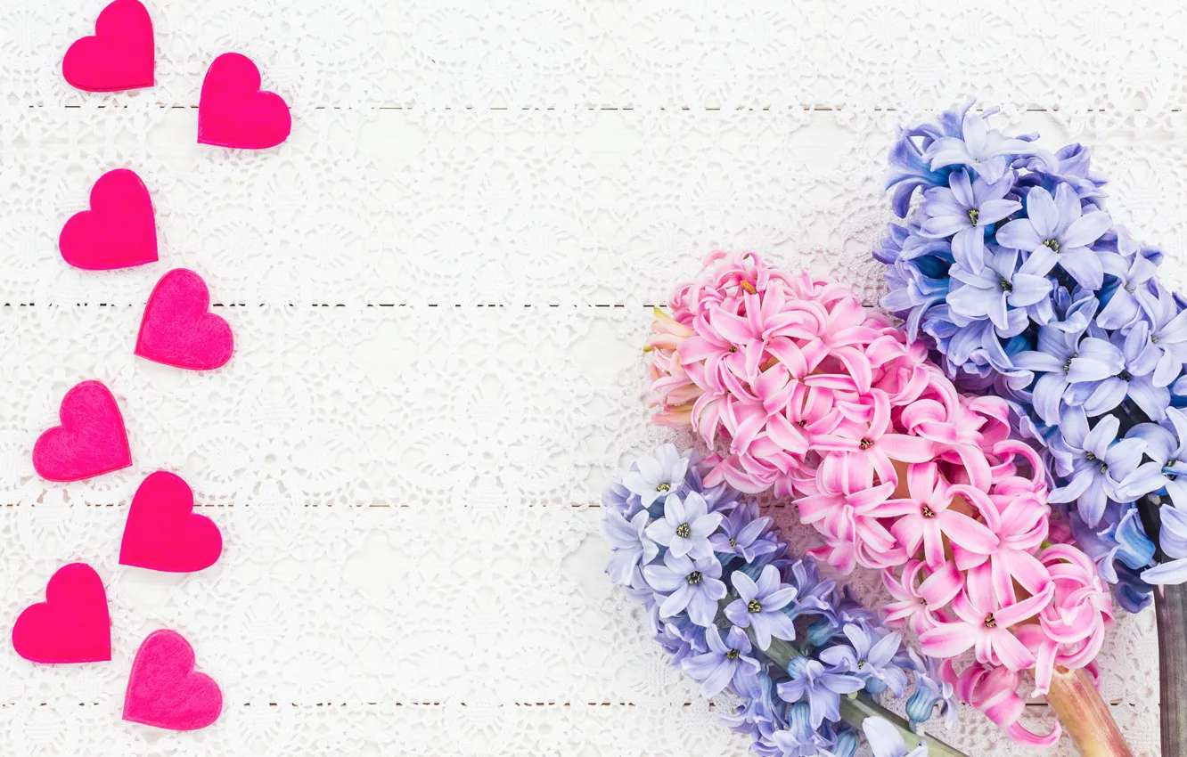 Фото обои цветы, букет, сердечки, розовые, blue, pink, flowers, hearts