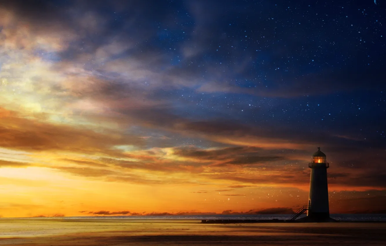 Фото обои море, небо, звезды, закат, маяк, арт