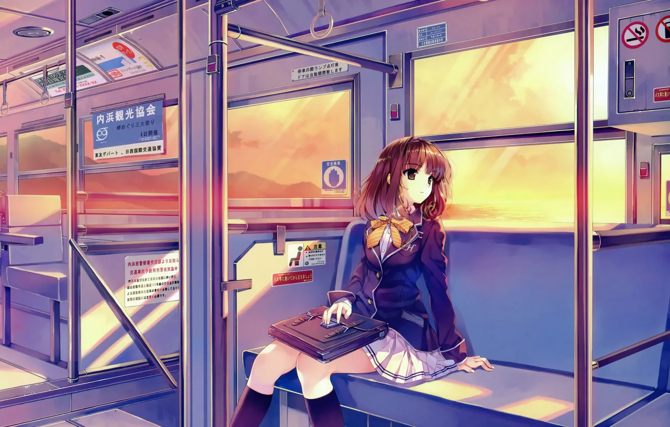 Фото обои девушка, поезд, форма, школьница, портфель, смотрит в окно