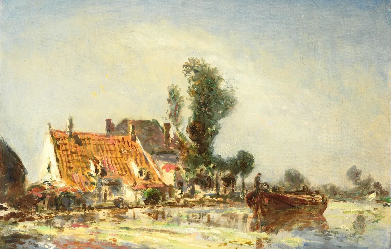Фото обои пейзаж, масло, картина, Ян Бартолд Йонгкинд, Дома на Канале около Кросвейка