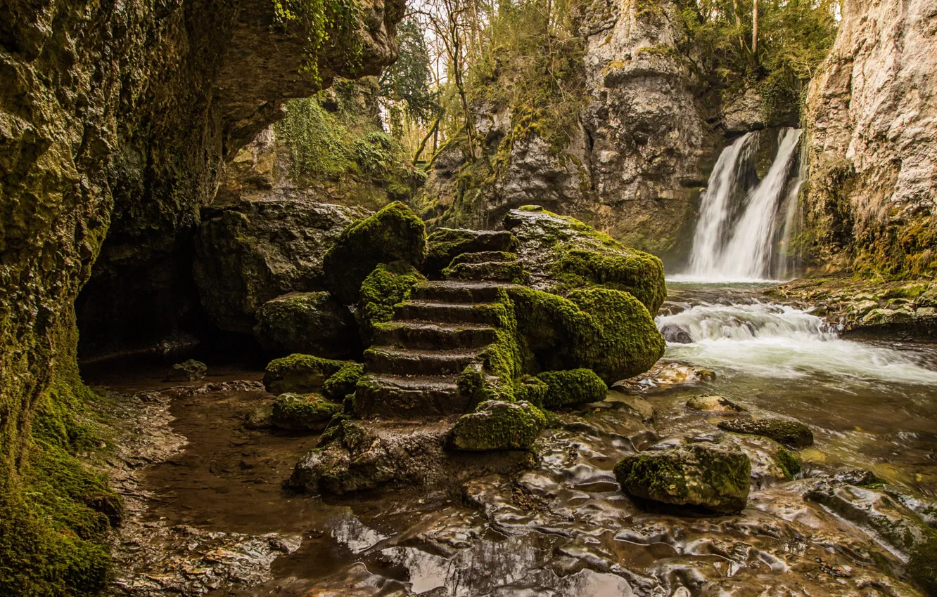 Фото обои водопад, Швейцария, Tine de Conflens, кантон Во