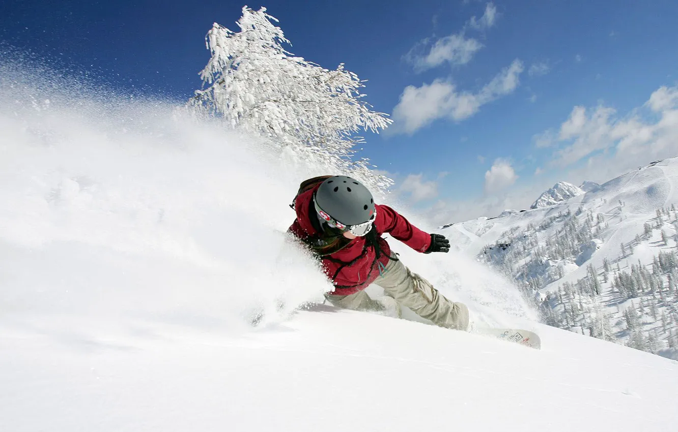 Фото обои зима, девушка, снег, горы, сноуборд, спуск, шлем, адреналин