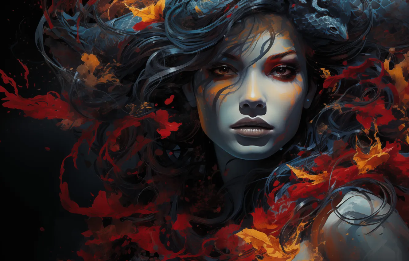 Фото обои Medusa, women, digital art, portrait, digital painting, AI art