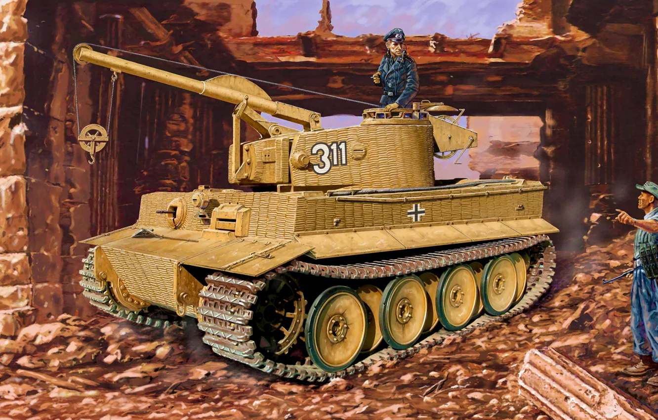 Фото обои war, art, painting, tank, ww2, armored vehicule, Bergetiger
