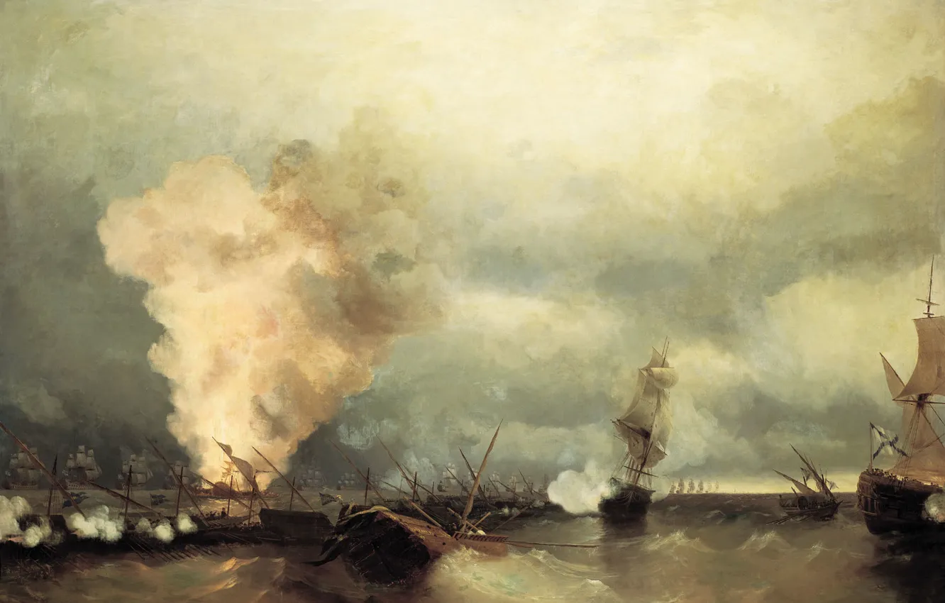 Фото обои масло, Холст, Морское сражение при Выборге 29 июня 1790 года. 1846, (1817-1900), Иван АЙВАЗОВСКИЙ