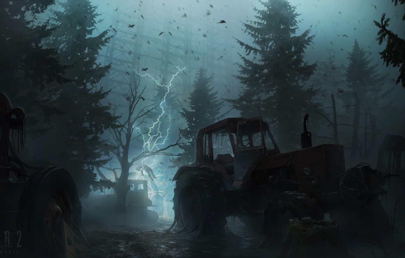 Фото обои молния, трактор, чернобыль, припять, Сталкер 2, Stalker 2, Yuri Hill, беларус