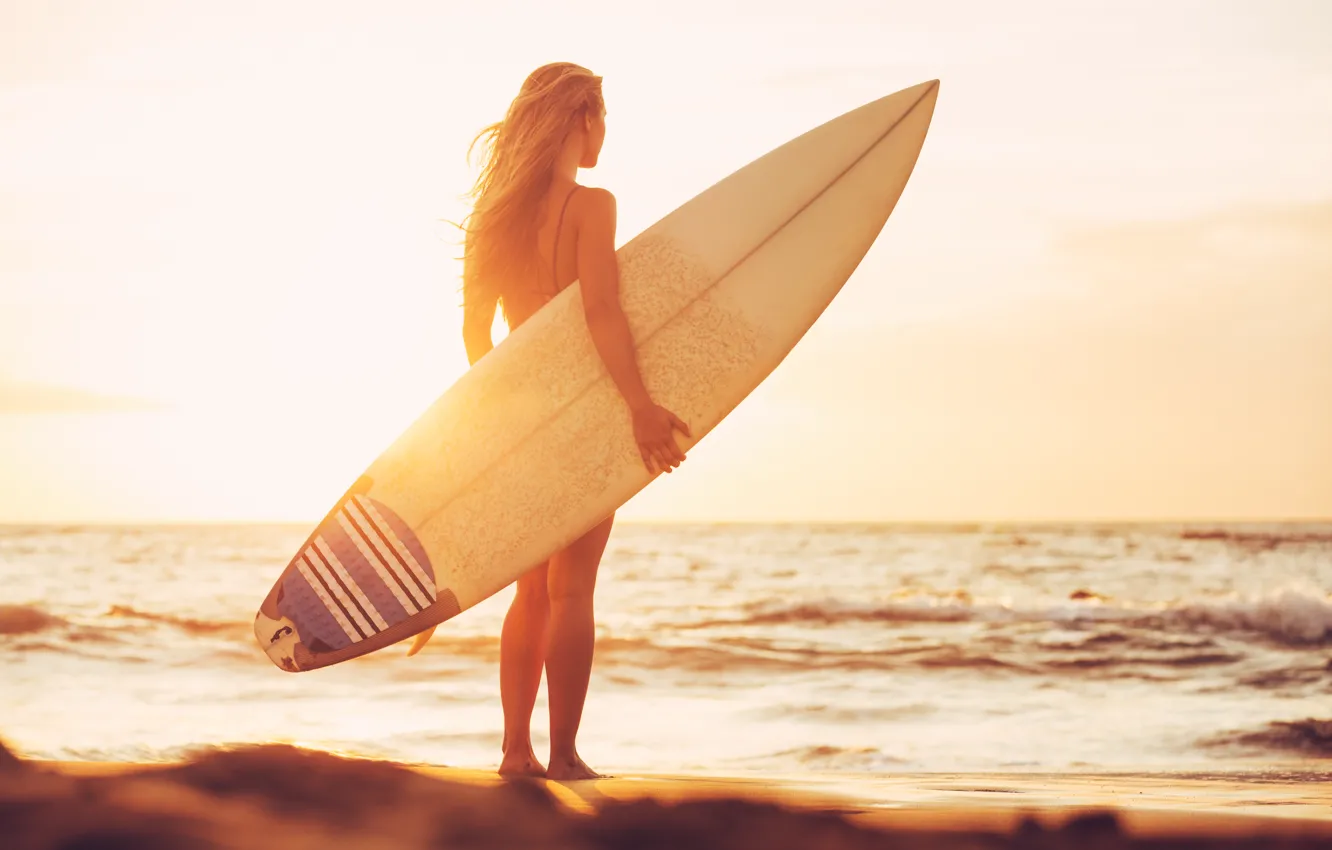 Фото обои Sunset, Girl, Beach, Surfing, Surfboard