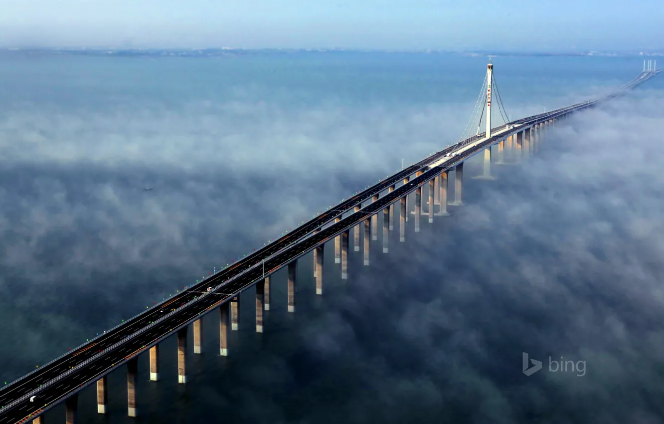Фото обои море, небо, мост, туман, китай, опора