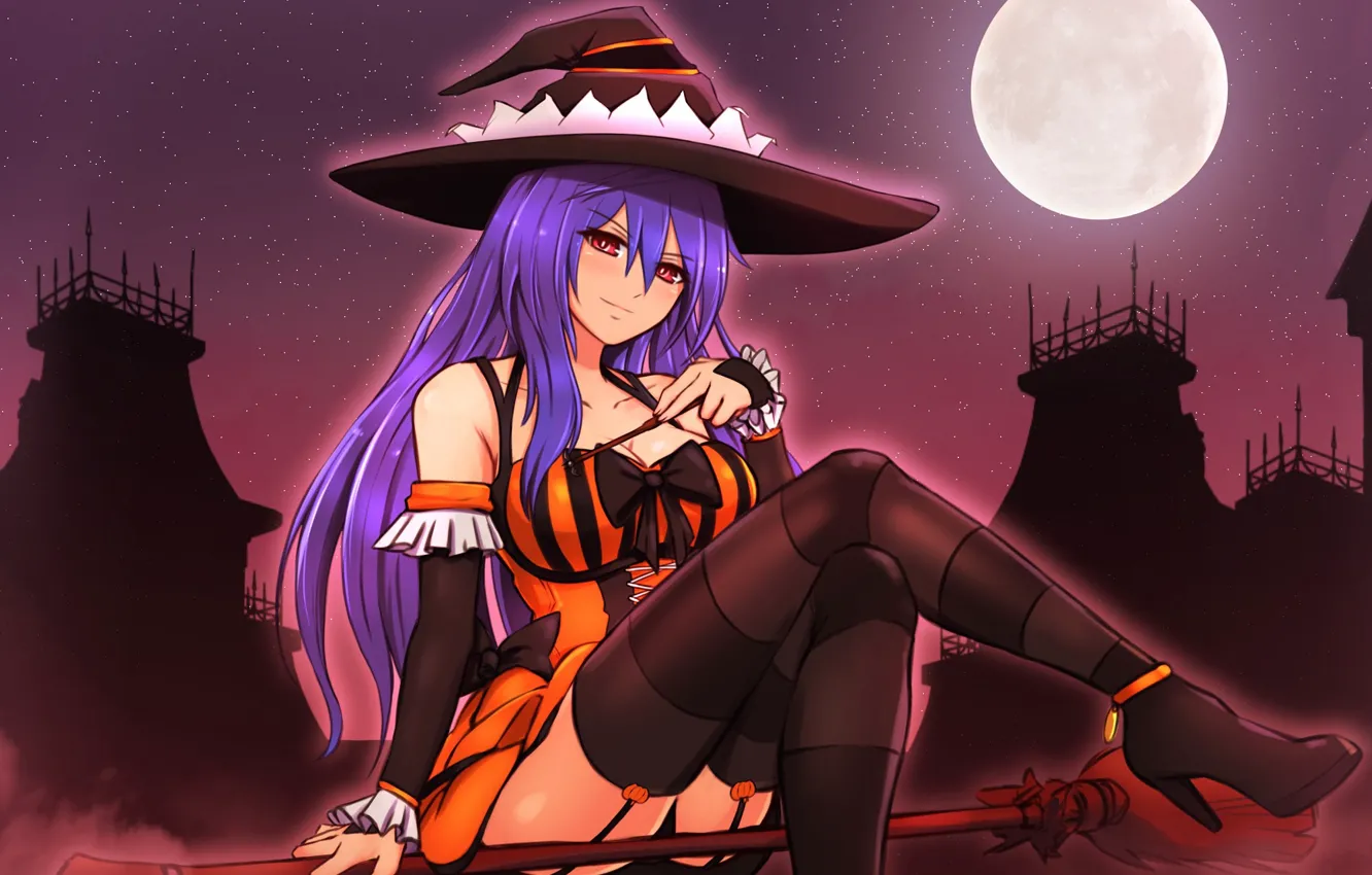 Фото обои ночь, луна, шляпа, метла, хеллоуин, ведьмочка