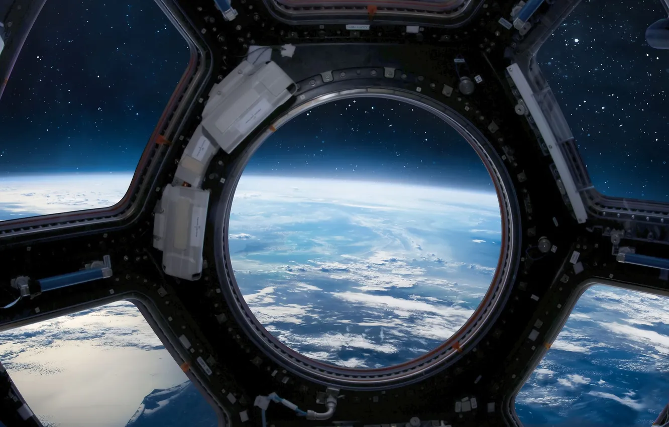 Фото обои космос, планета, спутник, Земля, NASA, космический корабль, иллюминаторы, прогресс